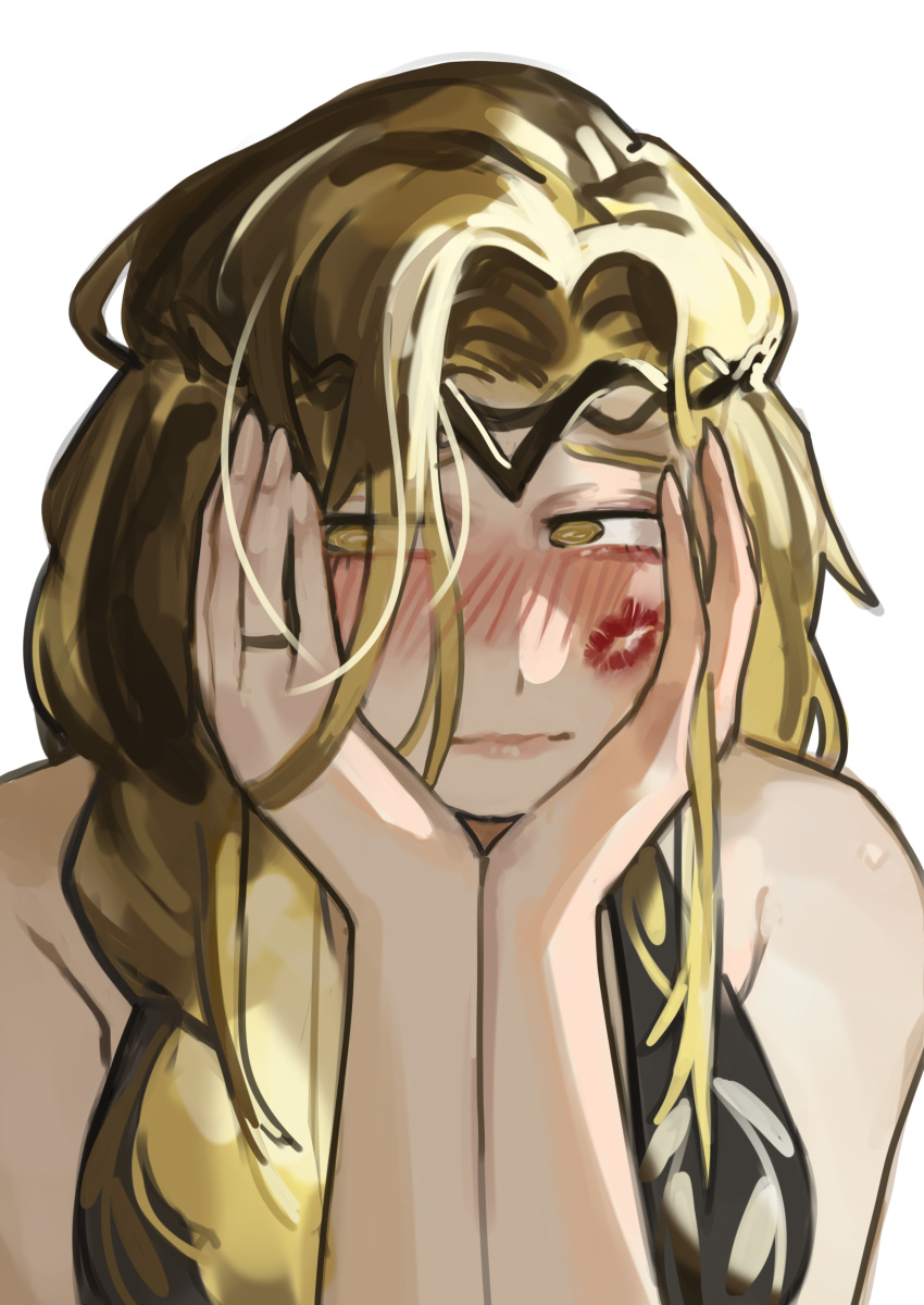 1girl, absurdres, bare_shoulders, black_dress, blonde_hair, blush, braid, dress, elden_ring, hair_over_one_eye, hands_on_own_head, highres, lipstick_mark, lipstick_mark_on_face, long_hair, looking_to_the_side, miao_jiangyou, nose_blush, queen_marika_the_eternal, rope_braid, single_braid, solo, white_background