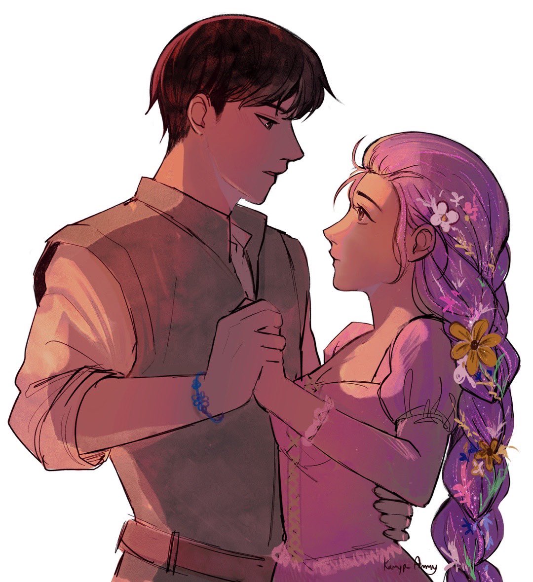 1boy, 1girl, bracelet, braid, braided_ponytail, brown_hair, cosplay, crossover
