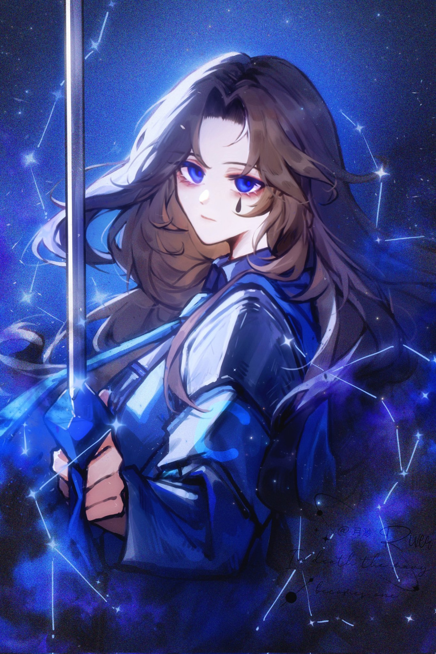 1girl, blue_background, blue_eyes, brown_hair, constellation, e.g.o_(project_moon), highres, holding, holding_sword, holding_weapon, kinala6490098, limbus_company, long_hair, long_sleeves, official_alternate_costume, project_moon, rodion_(project_moon), solo, sword, teardrop_facial_mark, the_sword_sharpened_with_tears_(e.g.o), weapon