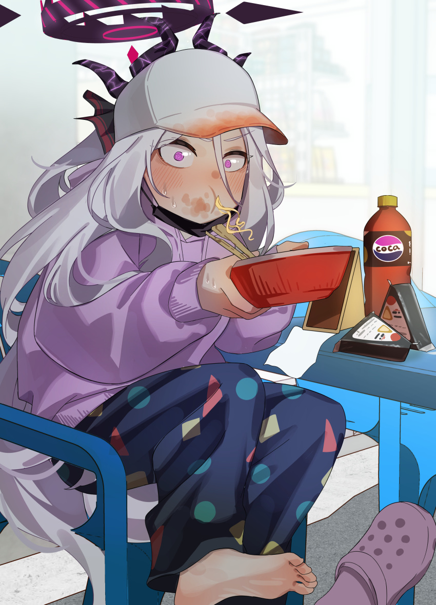 1girl, @_@, absurdres, alternate_costume, barefoot, baseball_cap, blue_archive, blush, bow, commentary_request, crocs, demon_girl, demon_horns, eating, feet, food, food_on_face, hair_bow, halo, hat, highres, hina_(blue_archive), homuri_(homuri_), horns, korean_commentary, long_hair, looking_at_viewer, multiple_horns, noodles, onigiri, pants, ramen, sitting, slurping, soda, solo, surprised, sweater, sweatpants, very_long_hair, violet_eyes, white_hair