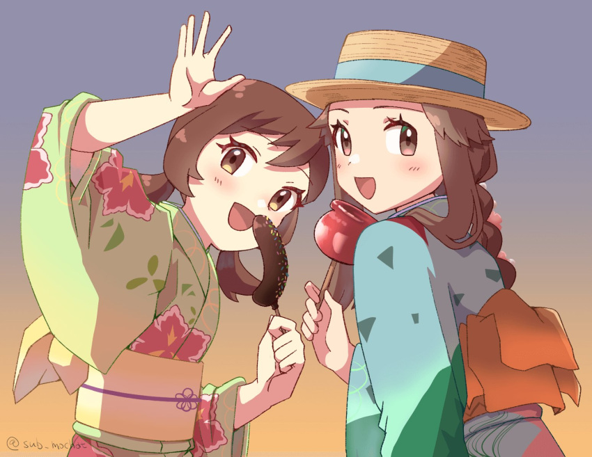 2girls, blue_kimono, brown_hair, bucket_hat, floral_print, floral_print_kimono, green_kimono, hand_up, hat, holding_candy_apple, japanese_clothes, kimono, leaf_(pokemon), lyra_(pokemon), moka_(sub_mochat), multiple_girls, pokemon, pokemon_frlg, pokemon_hgss, print_kimono, red_sash, sash