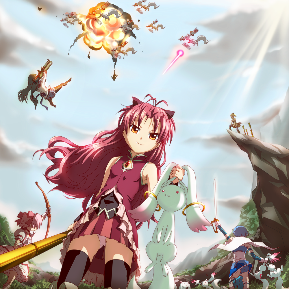 5girls, black_hair, blonde_hair, blue_hair, blue_panties, boots, bow_(weapon), fang, kaname_madoka, kyubey, m72_law, magical_girl, mahou_shoujo_madoka_magica, makisige, miki_sayaka, panties, pantyshot, pink_hair, pink_panties, ponytail, red_hair, redhead, rocket_launcher, sakura_kyouko, sunbeam, sunlight, sword, thigh-highs, thighhighs, tomoe_mami, underwear, upskirt, weapon, wind_lift