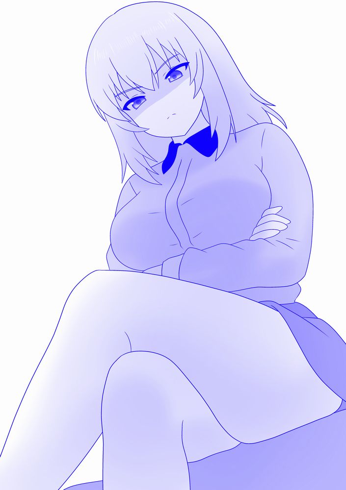 1girl, arms_under_breasts, black_collar, blue_theme, breasts, collar, crossed_arms, crossed_legs