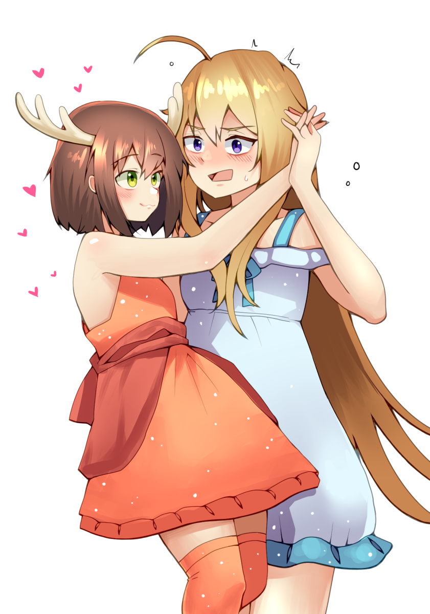 2girls, ahoge, antlers, bare_shoulders, blonde_hair, blue_dress, blush, brown_hair, closed_mouth, commentary, dancing, deer_antlers, deer_girl, dress, english_commentary, green_eyes, heart, highres, holding_hands, horns, koshi_torako, long_hair, looking_at_another, multiple_girls, n0_image, open_mouth, red_dress, red_thighhighs, shikanoko_noko, shikanoko_nokonoko_koshitantan, short_hair, simple_background, sleeveless, sleeveless_dress, sweat, thigh-highs, violet_eyes, white_background, yuri