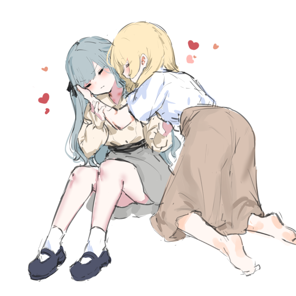2girls, bang_dream!, bang_dream!_it's_mygo!!!!!, barefoot, blonde_hair, brown_shirt, brown_skirt, commentary