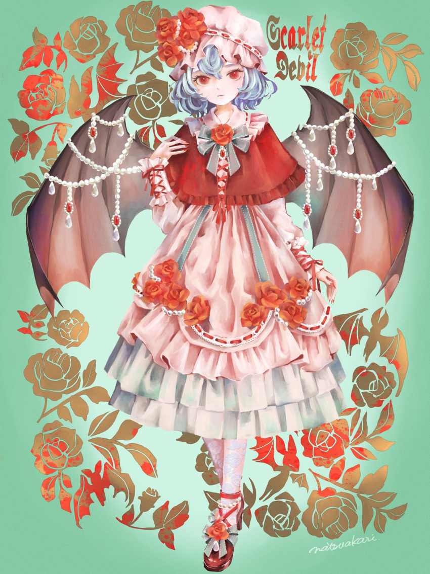 1girl, arm_up, bat_wings, blue_hair, bow, capelet, collar, dress, english_text, fingernails, floral_background, flower, flower_on_head, footwear_ribbon, frilled_capelet, frilled_collar, frills, gem, green_background, grey_bow, hat, highres, lace, lace_legwear, long_fingernails, mob_cap, natsuakari, pink_dress, pink_hat, red_capelet, red_eyes, red_flower, red_gemstone, red_nails, red_ribbon, red_rose, red_shoes, remilia_day, remilia_scarlet, ribbon, rose, shoes, short_hair, solo, string_of_pearls, touhou, wings