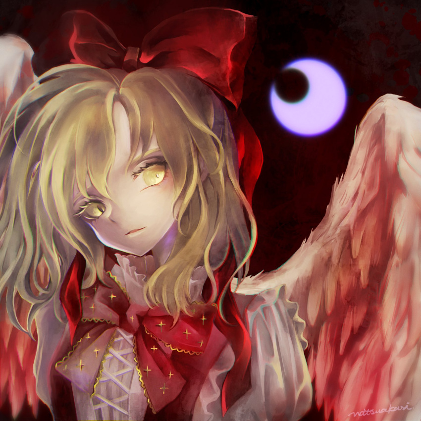 1girl, blonde_hair, blood, bloody_wings, bow, brown_vest, collar, colored_eyelashes