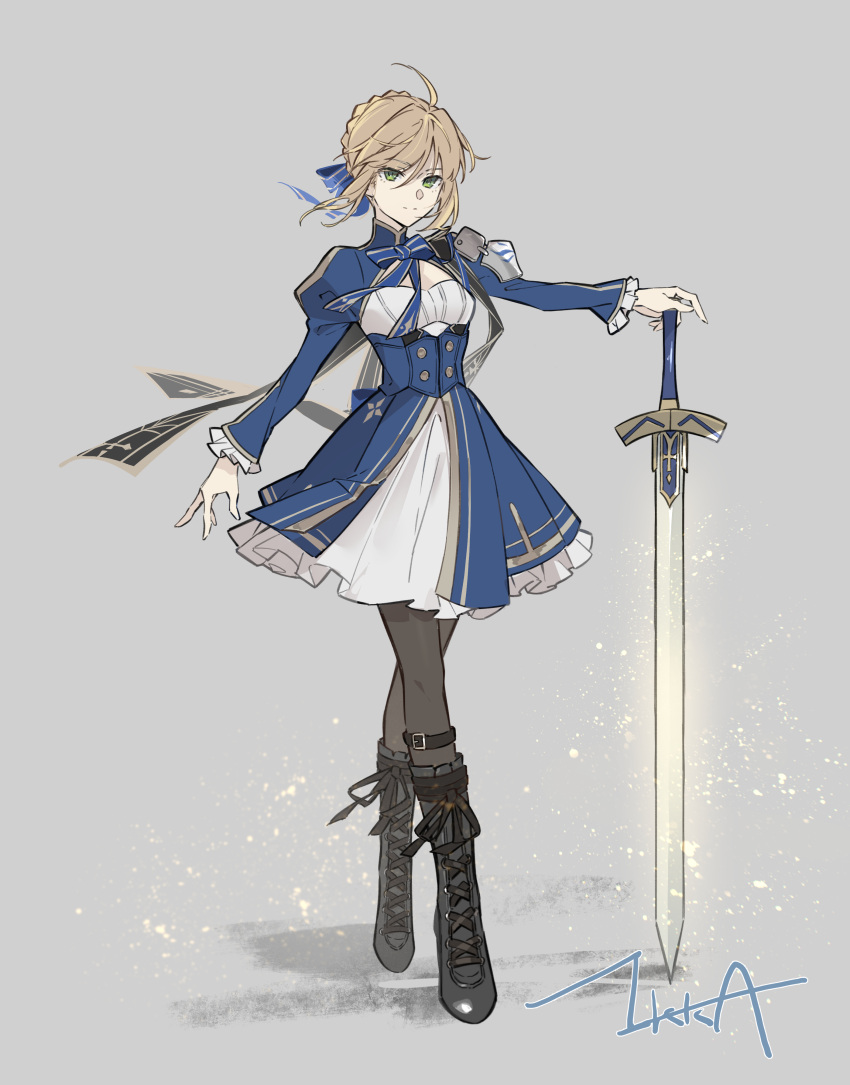 1girl, absurdres, ahoge, armor, artoria_pendragon_(fate), black_boots, blonde_hair, blue_bow