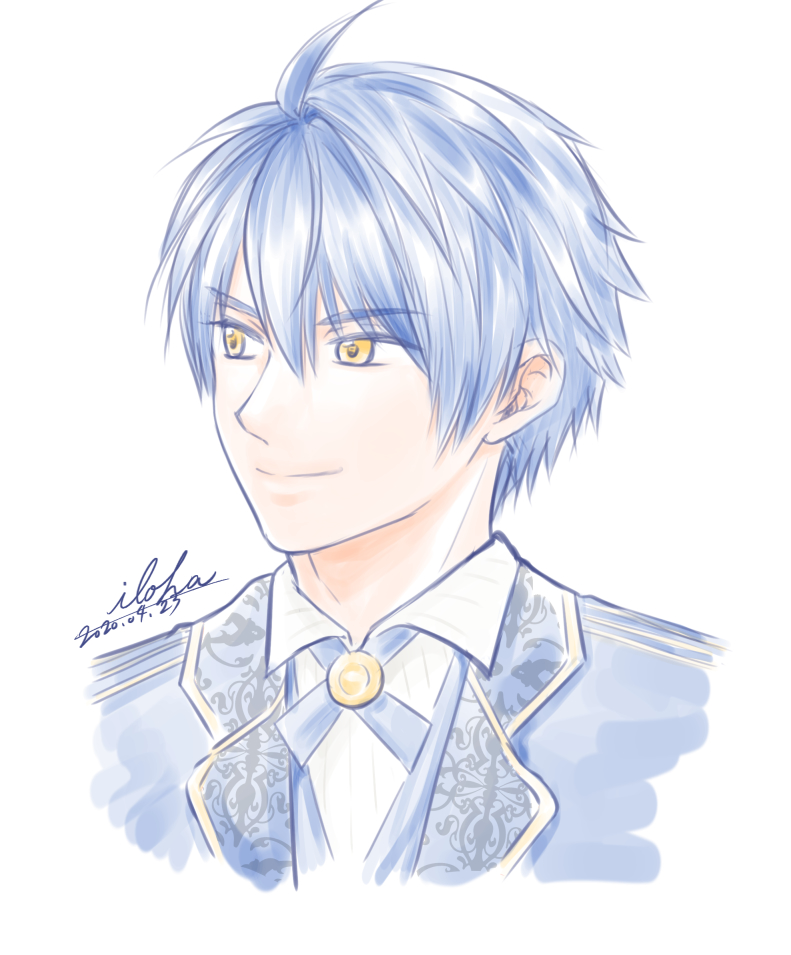 1boy, ahoge, akuyaku_reijou_wa_ringoku_no_outaishi_ni_dekiai_sareru, aquasteed_marinforest, blue_hair, bolo_tie, dated, hair_between_eyes, male_focus, portrait, short_hair, simple_background, smile, solo, touma_katsuragi, white_background, yellow_eyes