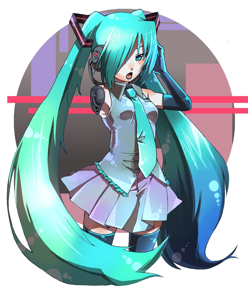 amputee, aqua_eyes, aqua_hair, elbow_gloves, gloves, hair_over_one_eye, hand_on_headphones, hatsune_miku