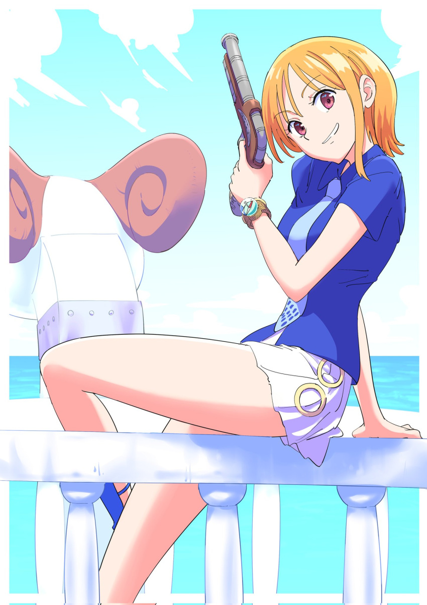 1girl, arm_support, bangle, bare_legs, birthday, blue_sandals, blue_shirt, blue_sky