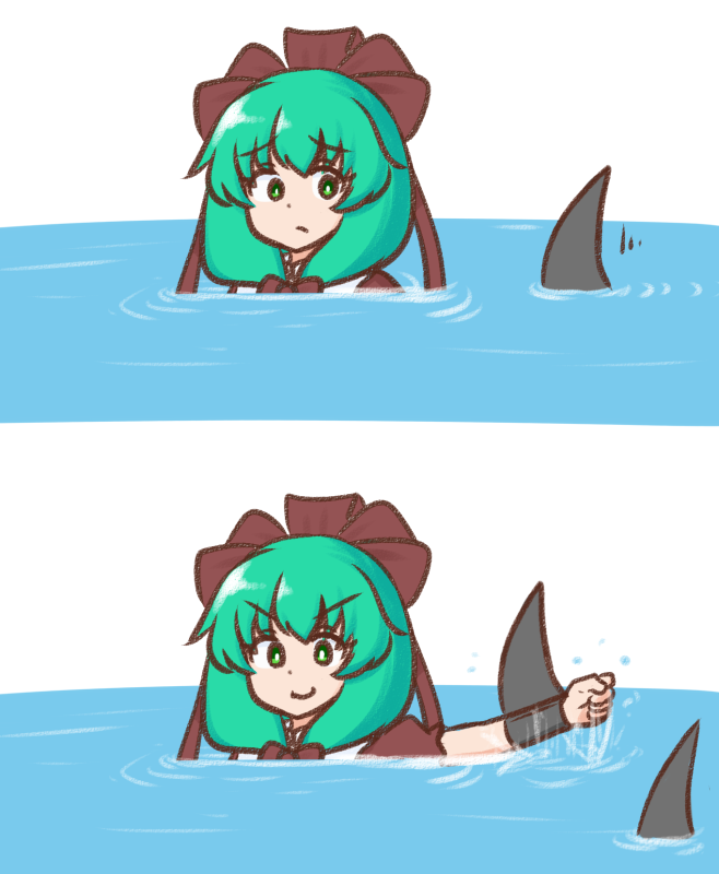 1girl, :/, bow, closed_mouth, fake_shark_fin, front_ponytail, green_eyes, green_hair