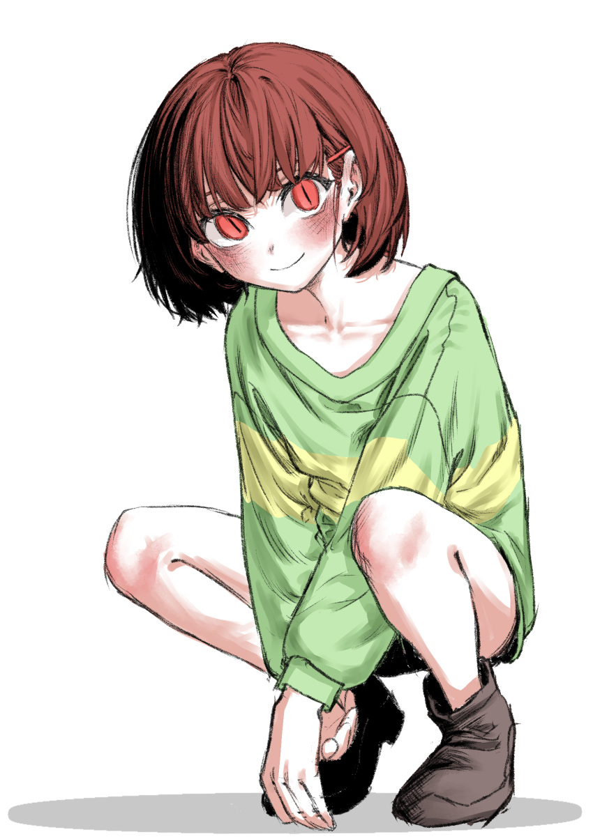 1other, androgynous, blush, brown_hair, chara_(undertale), eonune_yeoul, green_sweater, highres
