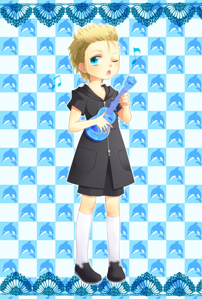 blonde_hair, blue_eyes, child, demyx, dolphin, highres, instrument, kingdom_hearts