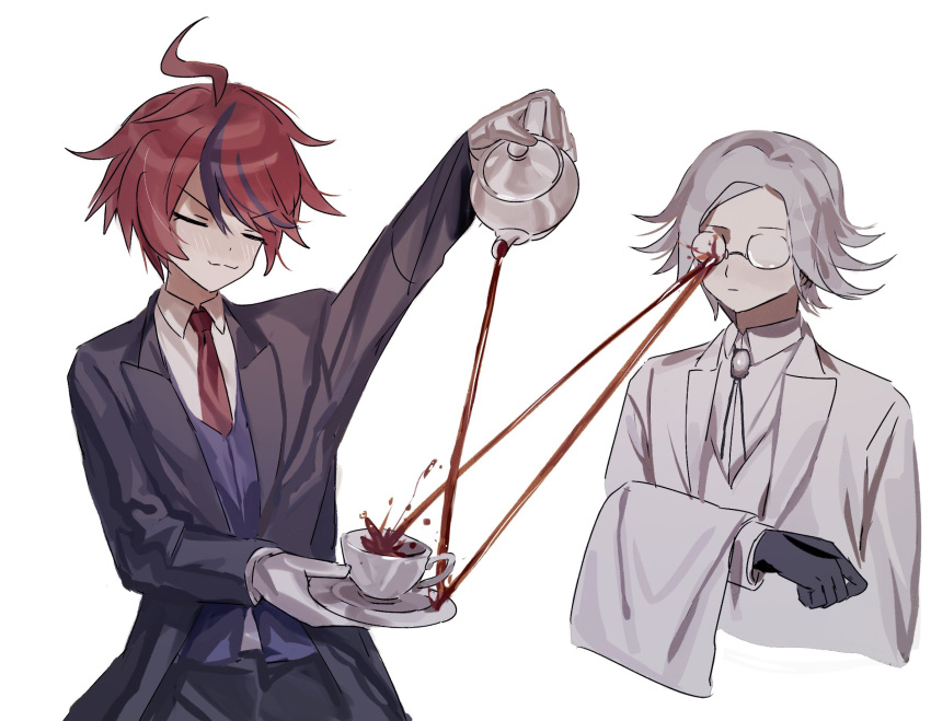 2boys, ahoge, aotsuki_eito, arm_up, black_coat, black_gloves, blue_vest, butler, closed_eyes, coat, collared_shirt, cup, glasses, gloves, grey_hair, highres, holding, holding_plate, holding_teapot, male_focus, multicolored_hair, multiple_boys, necktie, official_alternate_costume, plate, pouring, red_hair, red_necktie, ricocheting, shirt, short_hair, simple_background, streaked_hair, sumino_takumi, tea, teacup, teapot, the_hundred_line_-last_defense_academy-, tomatoyu9, towel, towel_on_arm, vest, white_background, white_coat, white_gloves, white_shirt, white_vest