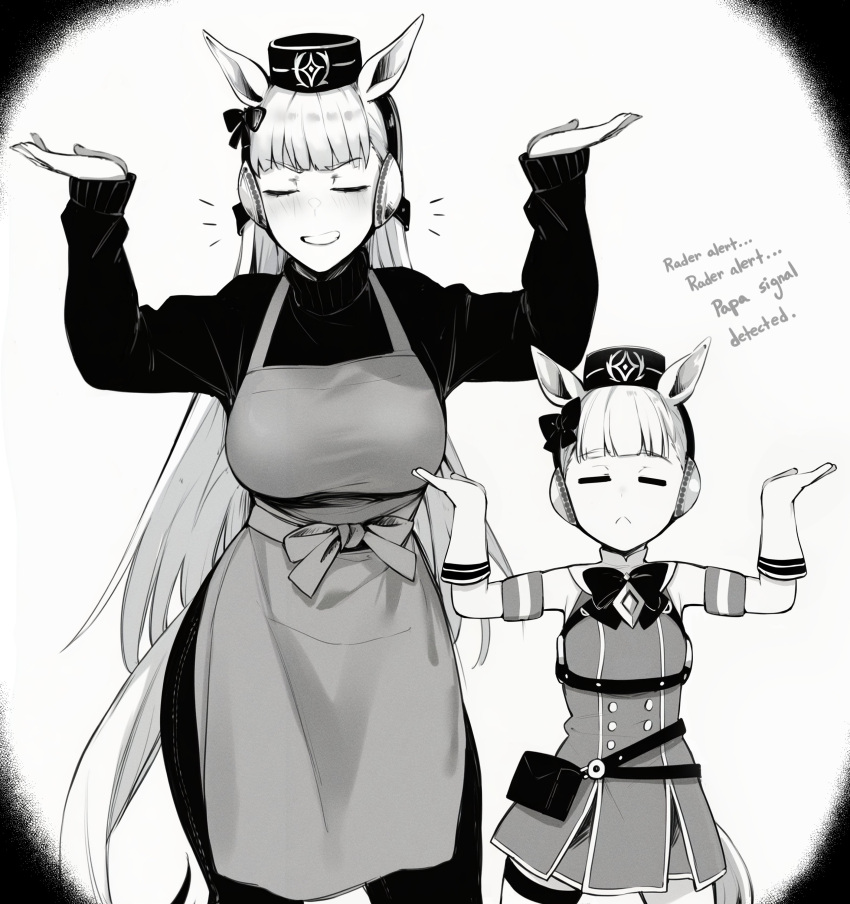 2girls, :<, =_=, absurdres, aged_up, animal_ears, apron, bag