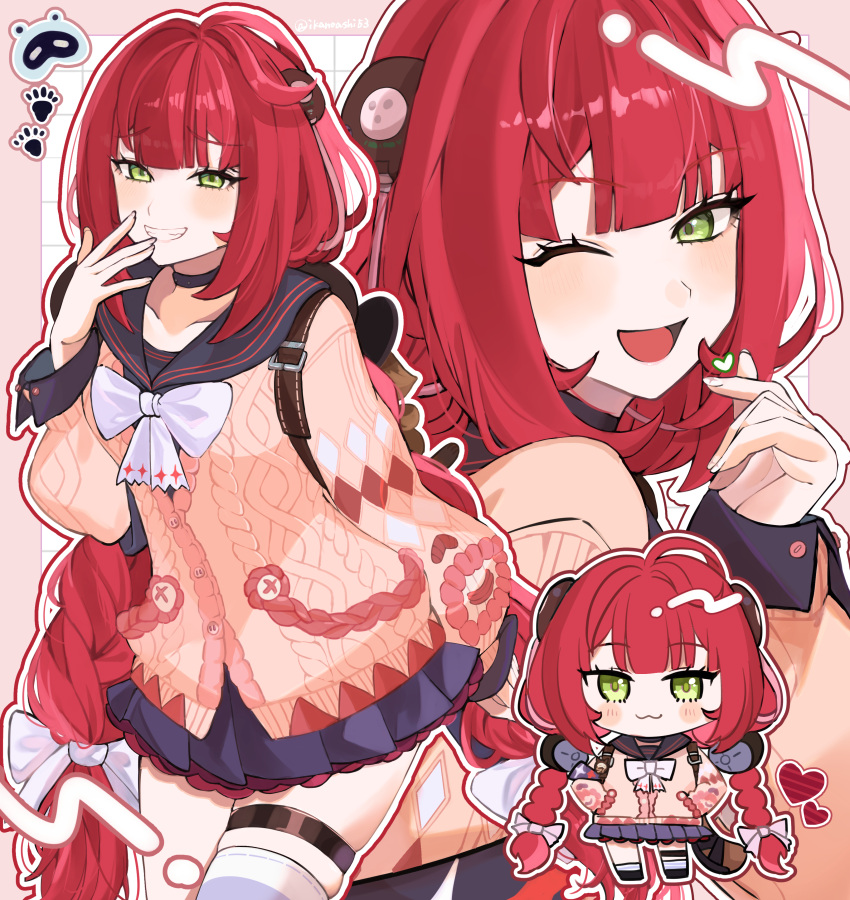 1girl, absurdres, black_choker, black_sailor_collar, black_skirt, bow, bowtie, braid, cardigan, chibi, choker, commentary, finger_heart, green_eyes, heart, highres, ikanoashi53, long_hair, looking_at_viewer, loose_thighhigh, multiple_views, one_eye_closed, pink_cardigan, red_hair, sailor_collar, school_uniform, skirt, smile, sphere_hair_ornament, striped_clothes, striped_thighhighs, thigh-highs, twin_braids, twintails, ukinami_yuzuha, white_bow, white_bowtie, zenless_zone_zero