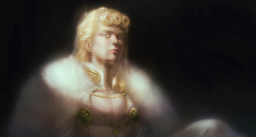 1boy, blonde_hair, blue_eyes, cape, cleavage_cutout, clothing_cutout, dark_background, earrings