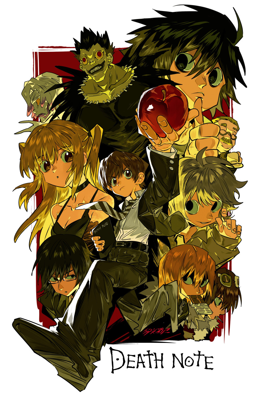 2girls, 6+boys, :o, absurdres, amane_misa, apple, arm_up, belt