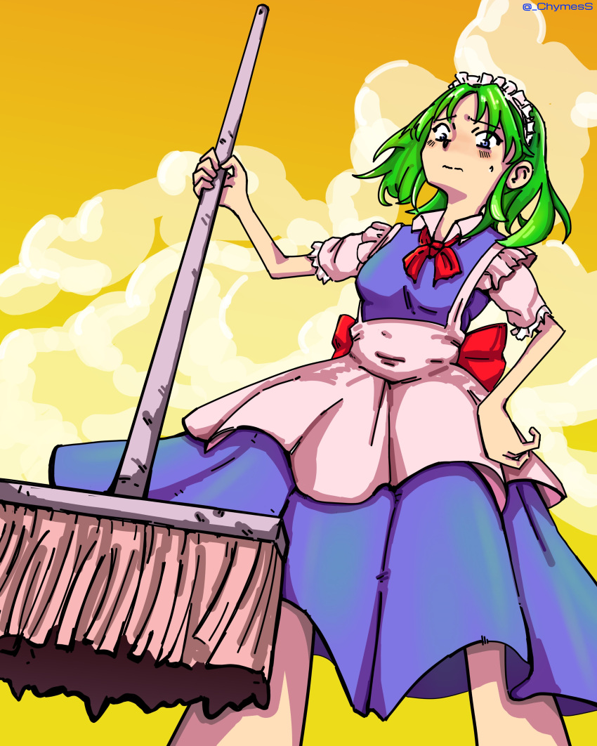 1girl, absurdres, android, apron, blue_dress, blue_eyes, bow, chymess