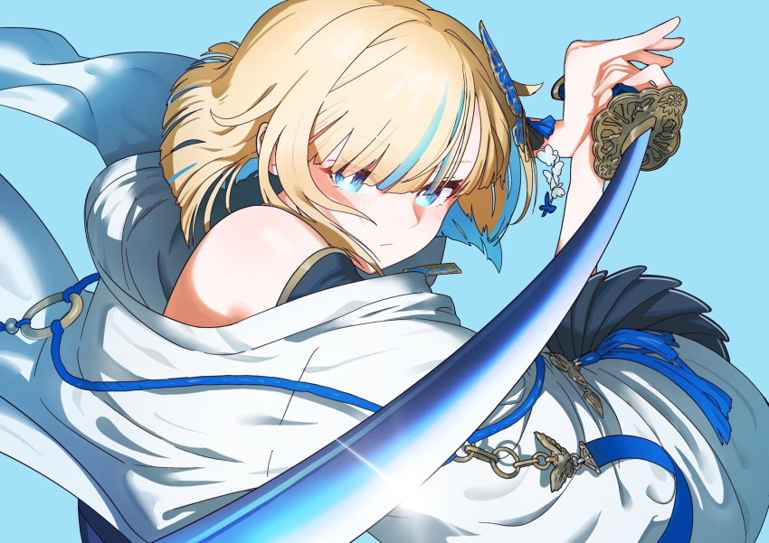 1girl, aizawa_ema, aizawa_ema_(5th_costume), aqua_background, aqua_hair, bare_shoulders, blonde_hair, blue_eyes