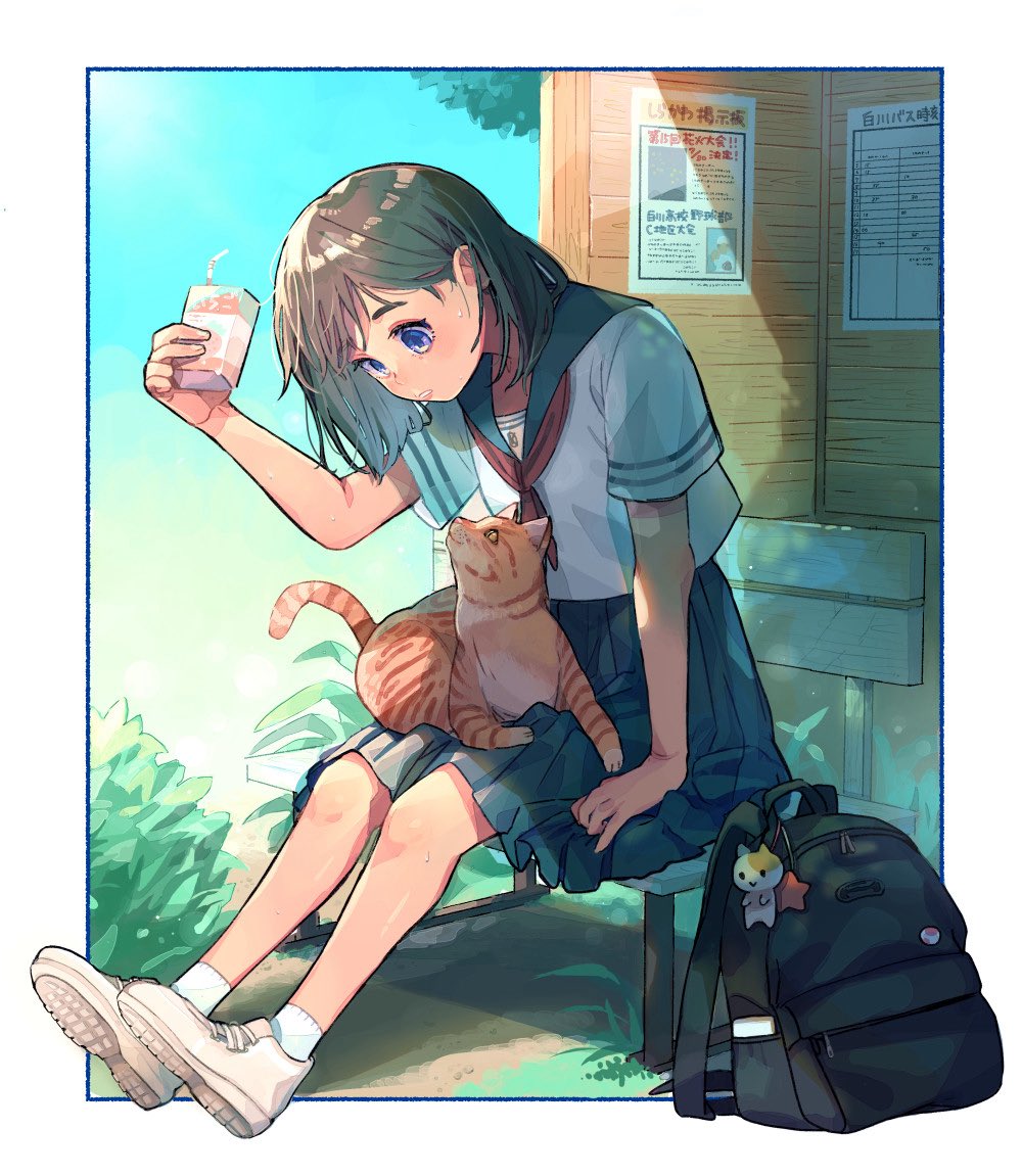 1girl, animal_on_lap, backpack, bag, bag_charm, bench, blue_eyes, blue_skirt