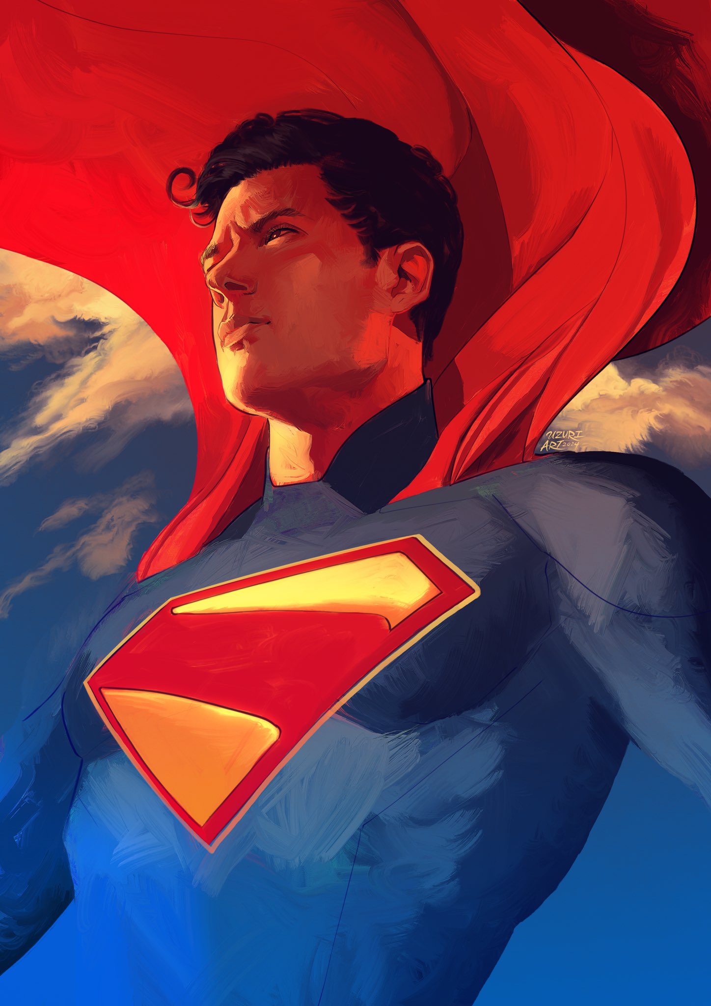 1boy, black_hair, blue_bodysuit, bodysuit, cape, closed_mouth, clouds, commentary