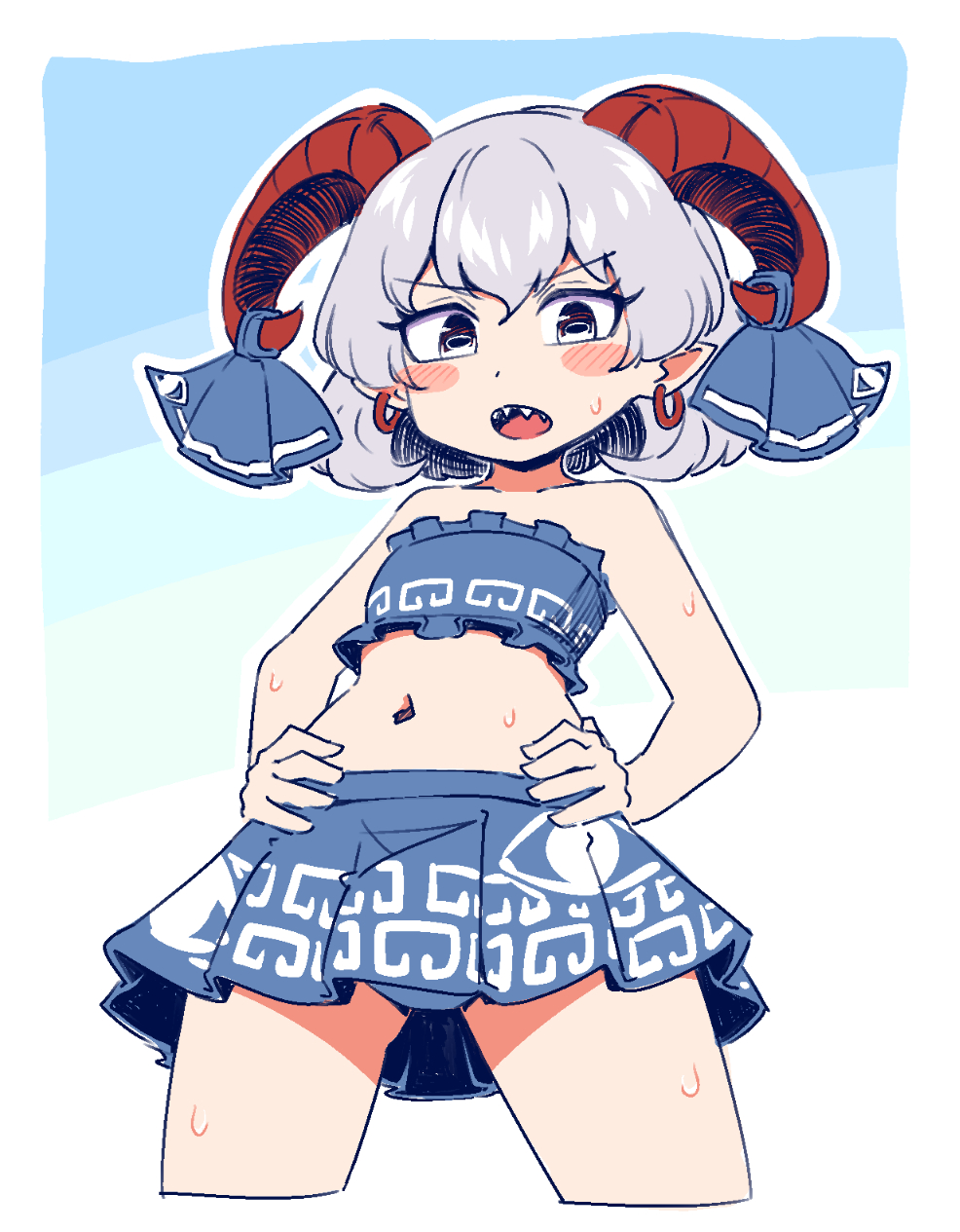 1girl, bare_shoulders, blush_stickers, earrings, flat_chest, grey_eyes, grey_hair, hands_on_own_hips