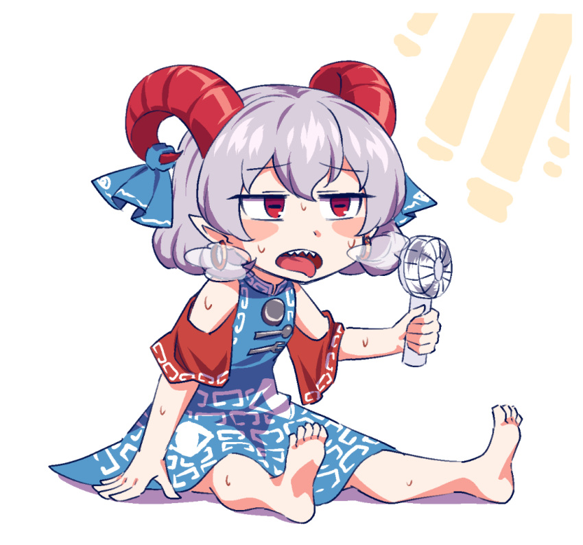 1girl, bare_shoulders, barefoot, blue_dress, detached_sleeves, dress, earrings, fork