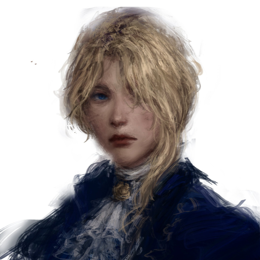 1girl, all_lee24, ascot, asymmetrical_bangs, blonde_hair, blue_eyes, blue_jacket, brooch