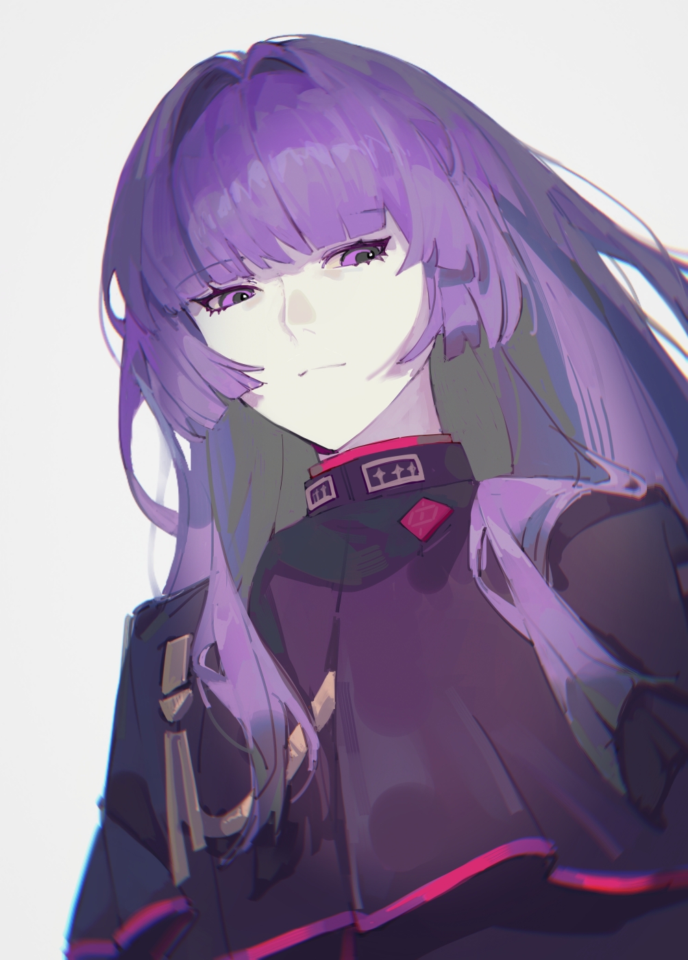 1girl, black_capelet, blunt_bangs, blunt_ends, blurry, capelet, depth_of_field, enchant999