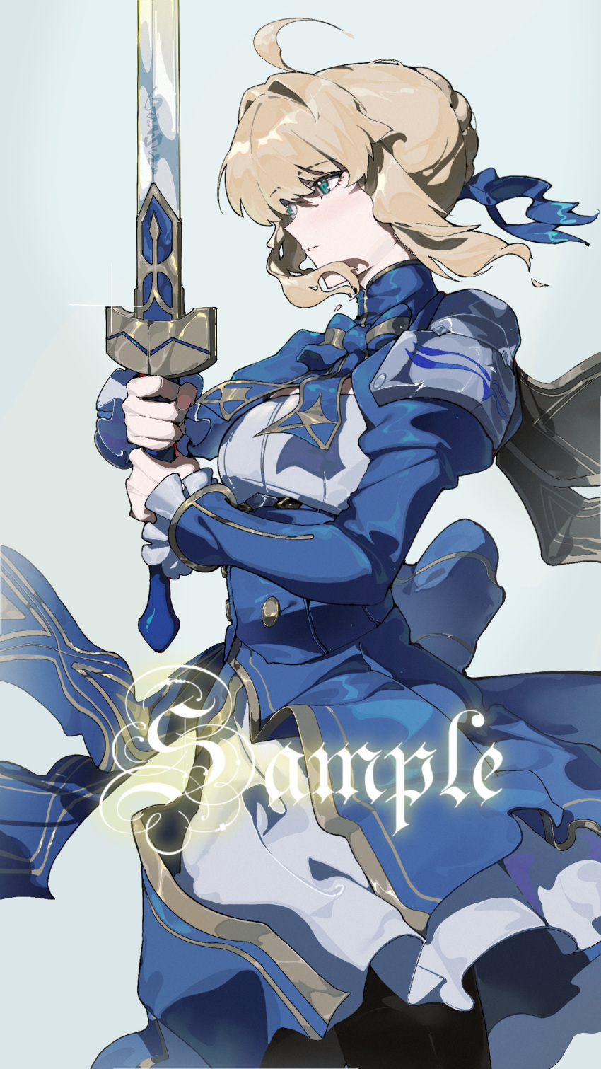 1girl, absurdres, ahoge, armor, artoria_pendragon_(fate), back_bow, black_pantyhose, blonde_hair