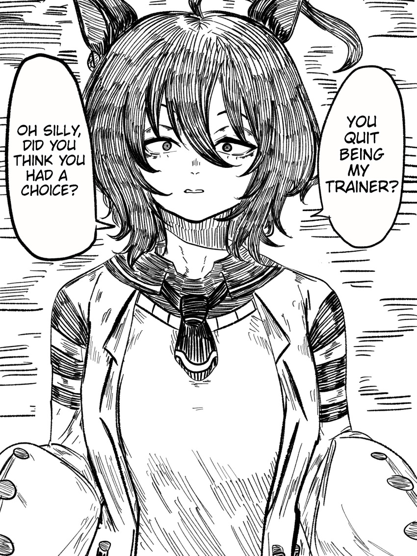 1girl, agnes_tachyon_(umamusume), ahoge, animal_ears, constricted_pupils, english_text, greyscale, hair_between_eyes