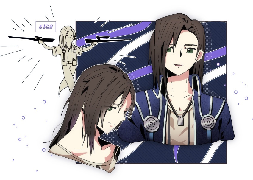 1boy, blue_jacket, brown_hair, closed_mouth, dog_tags, earrings, final_fantasy, final_fantasy_viii