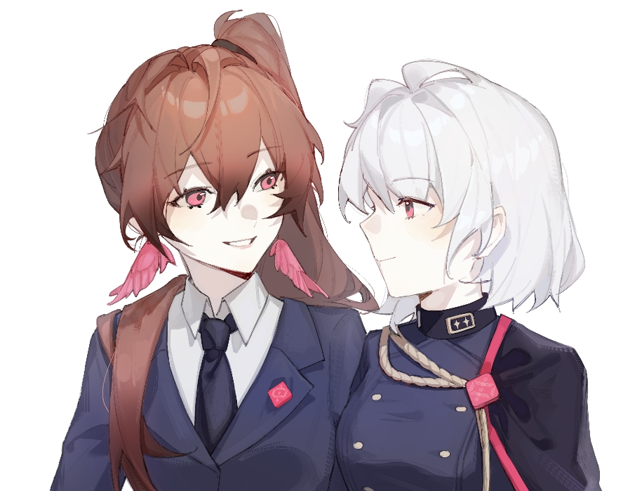 2girls, adaya_kanaria, aohitsugi_nemu, blue_jacket, bob_cut, breasts, brown_hair, buttons