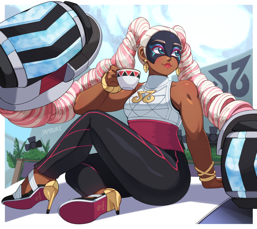 1girl, absurdres, arms_(game), black_pants, bracelet, cup, dark-skinned_female, dark_skin, drill_hair, earrings, high_heels, highres, jewelry, long_hair, mask, multicolored_hair, pants, red_lips, solo, teacup, twin_drills, twintails, twintelle_(arms), very_long_hair, yamouri