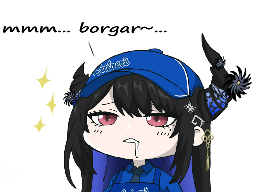 1girl, apron, asymmetrical_horns, baseball_cap, black_hair, black_necktie, blue_apron, blue_hair