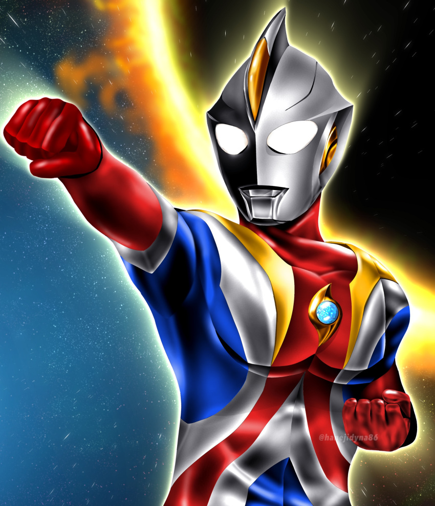 1boy, alien, blue_skin, bluesky_username, clenched_hands, collarbone, color_timer, colored_skin, commentary, compound_eyes, dorsal_fin, eclipse, fighting_stance, glowing, glowing_eyes, gold_trim, hanejidyna86, highres, looking_ahead, male_focus, multicolored_skin, no_pupils, outstretched_arm, pectorals, red_skin, silver_skin, sky, solar_eclipse, solo, star_(sky), starry_sky, sun, tokusatsu, toned, toned_male, ultra_series, ultraman_cosmos, ultraman_cosmos_(eclipse_mode), ultraman_cosmos_(series), upper_body, white_eyes, wrinkled_skin