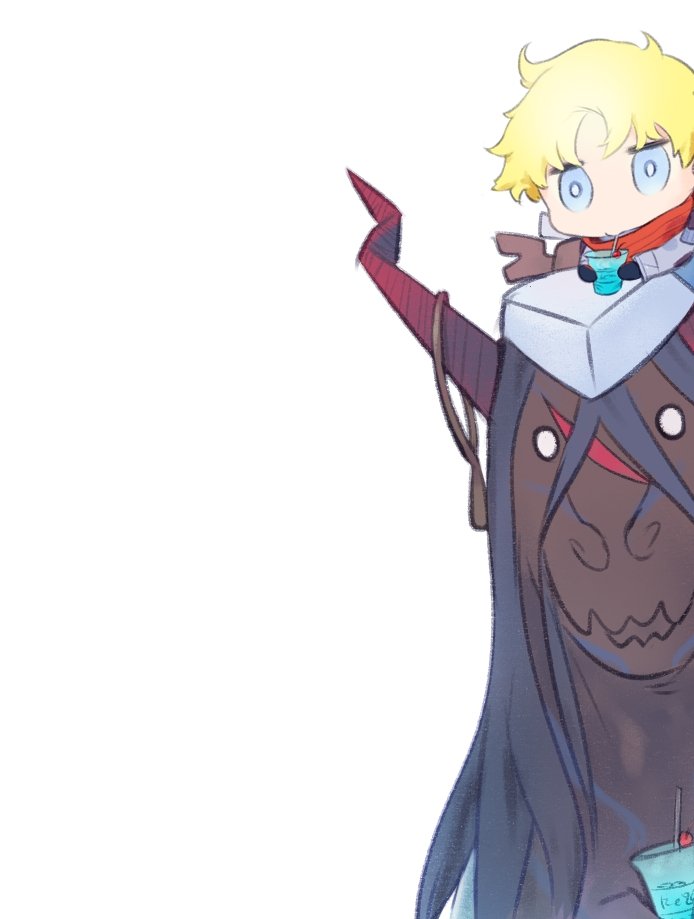 1boy, 1girl, black_hair, blonde_hair, blue_eyes, body_markings, cup, daisi_gi, dinosaur, fate/grand_order, fate/requiem, fate_(series), hat, horns, jacket, kijo_kouyou_(fate), kijo_kouyou_(first_ascension)_(fate), long_hair, long_sleeves, looking_at_viewer, red_scarf, scarf, short_hair, tyrannosaurus_rex, voyager_(fate), voyager_(over_the_same_sky)_(fate), white_hat, white_jacket