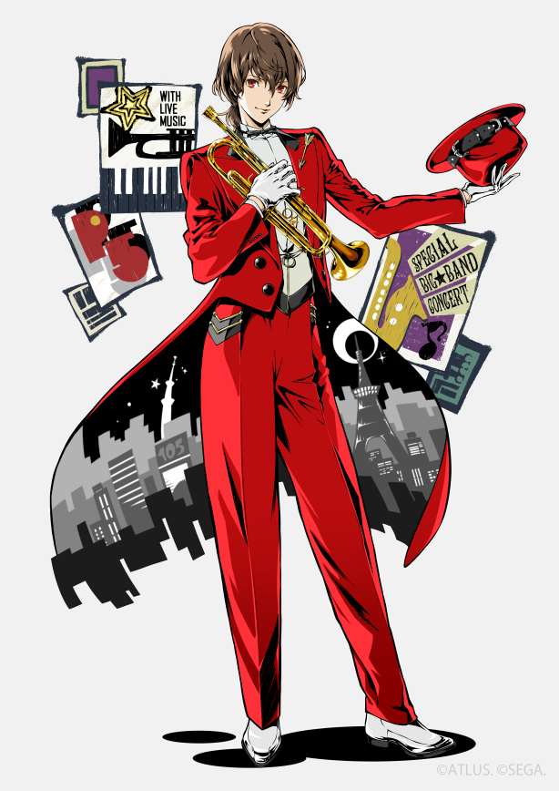 1boy, akechi_gorou, black_bow, black_bowtie, bow, bowtie, brown_hair, building_print, closed_mouth, coat, coattails, collared_shirt, copyright_notice, fedora, full_body, gloves, hair_between_eyes, hat, hat_belt, holding, holding_instrument, holding_trumpet, holding_unworn_clothes, holding_unworn_hat, instrument, lapels, long_sleeves, looking_at_viewer, male_focus, official_art, open_clothes, open_coat, pants, peaked_lapels, persona, persona_5, ponytail, poster_(object), print_coat, red_coat, red_hat, red_pants, saitou_rokuro, second-party_source, shirt, shoes, short_hair, simple_background, smile, solo, standing, star_(symbol), traditional_bowtie, trumpet, two-sided_coat, two-sided_fabric, unworn_hat, unworn_headwear, white_background, white_gloves, white_shirt, white_shoes, wing_collar