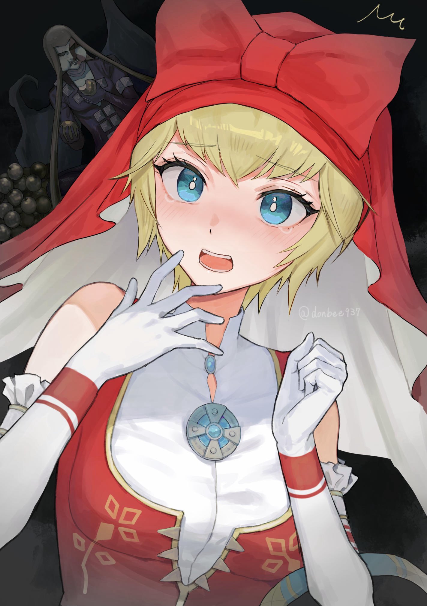 1boy, 1girl, apple, bare_shoulders, blonde_hair, blue_eyes, donbee937, eating, elbow_gloves, food, fruit, gloves, golden_apple, highres, idunn_(megami_tensei), light_blush, loki_(megami_tensei), open_mouth, puffy_cheeks, red_veil, shin_megami_tensei, shin_megami_tensei_v, short_hair, solo_focus, surprised, tears, twintails, veil, white_gloves