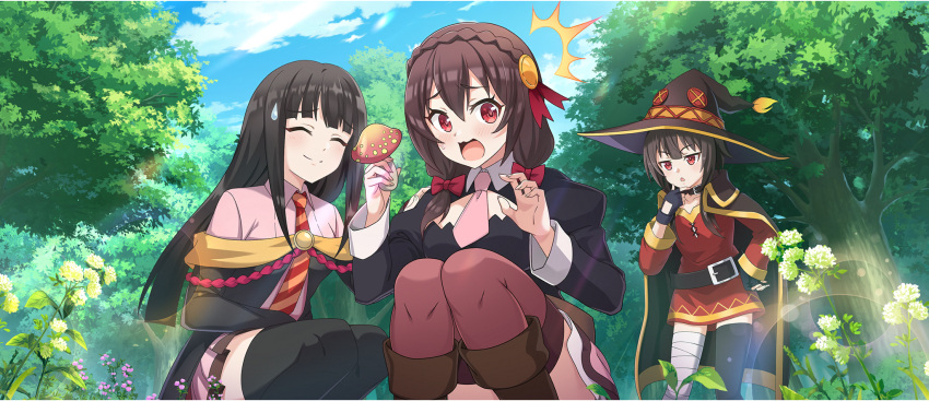 3girls, ^^^, asymmetrical_legwear, bandaged_leg, bandages, belt, black_belt, black_cape