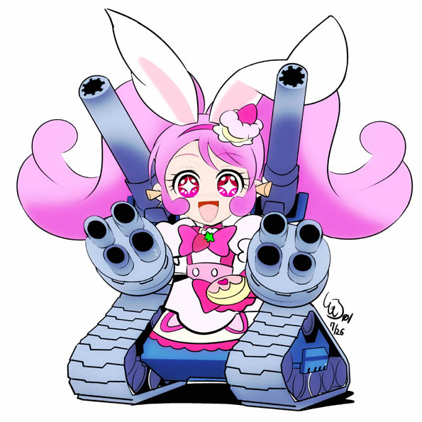 +_+, 1girl, animal_ears, anime_coloring, big_hair, bow, bowtie, brooch, buttons, cake, cannon, chibi, choker, cosplay, cure_whip, dated, dress, earplugs, excited, extra_ears, eyelashes, floating_hair, floppy_ears, food, food-themed_clothes, food-themed_hair_ornament, food_print, frilled_sleeves, frills, fruit_print, gradient_eyes, gundam, guntank, guntank_(cosplay), hair_ornament, hairband, heart, heart_print, jewelry, kirakira_precure_a_la_mode, lace-trimmed_skirt, lace_trim, long_hair, looking_at_viewer, magical_girl, military_vehicle, miniskirt, mobile_suit_gundam, motor_vehicle, multicolored_eyes, open_mouth, pink_bag, pink_bow, pink_bowtie, pink_choker, pink_eyes, pink_hair, pink_hairband, pink_vest, precure, puffy_short_sleeves, puffy_sleeves, rabbit_ears, rabbit_girl, red_eyes, shadow, short_dress, short_sleeves, signature, simple_background, skirt, skirt_under_dress, smile, solo, sparkling_eyes, strawberry_brooch, strawberry_print, strawberry_shortcake, tank, tareme, tomo5656ky, twintails, two-tone_bag, usami_ichika, vest, waist_bag, waist_bow, white_background, white_dress, white_skirt, yellow_bag