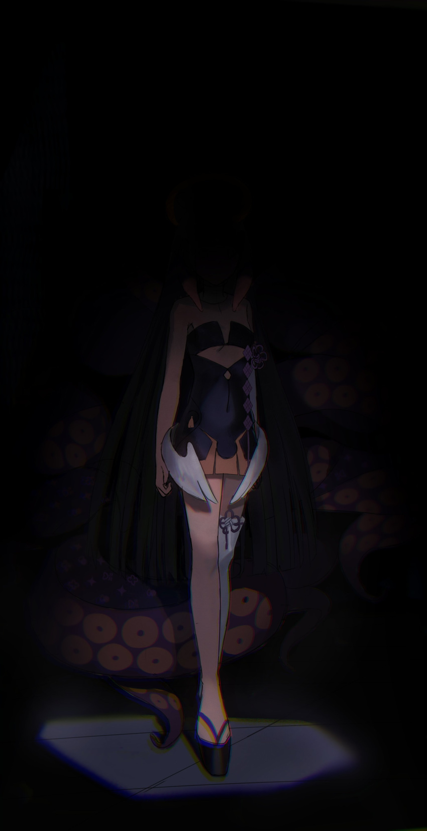 1girl, absurdres, black_background, chantu_irasu, chromatic_aberration, commentary, covered_navel, derivative_work