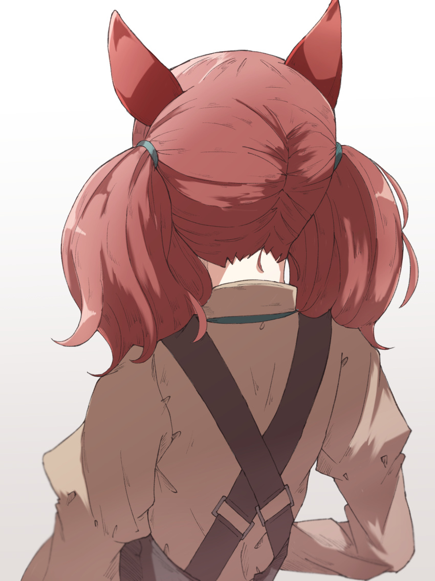 1girl, absurdres, animal_ears, black_dress, brown_hair, brown_shoes, commentary_request, dress, facing_away, from_behind, gradient_background, grey_background, highres, horse_ears, juliet_sleeves, long_sleeves, nape, nice_nature_(umamusume), okapun, puffy_sleeves, shoes, sleeveless, sleeveless_dress, solo, twintails, umamusume, white_background