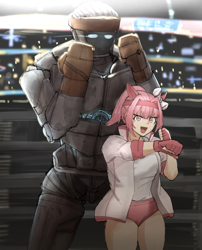1girl, 1other, :d, animal_ears, atom_(real_steel), blue_eyes, buruma, clenched_hand