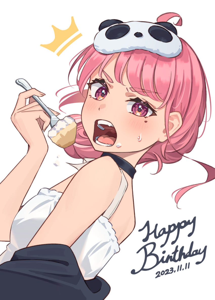 1girl, black_choker, blush, choker, commentary_request, cream, cream_on_face, crown