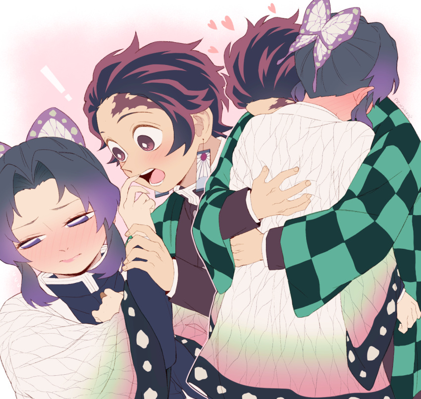 1boy, alternate_universe, animal_print, belt, black_hair, blue_butterfly, blush, brown_hair, bug, butterfly, butterfly_print, checkered_clothes, checkered_haori, checkered_sash, closed_eyes, contemporary, couple, demon_slayer_uniform, earrings, flower, gradient_hair, hanafuda, hanafuda_earrings, haori, highres, hug, japanese_clothes, jewelry, kamado_tanjirou, kimetsu_no_yaiba, kishimen_hair, kochou_shinobu, multicolored_hair, open_mouth, purple_butterfly, scar, scar_on_face, scar_on_forehead, smile, sword_writing, updo, user_fhwv8447, white_belt, wisteria