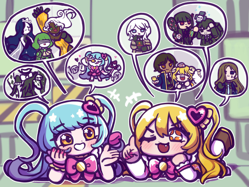 +++, +_+, 2boys, 2others, 6+girls, ;d, armband, black_hair