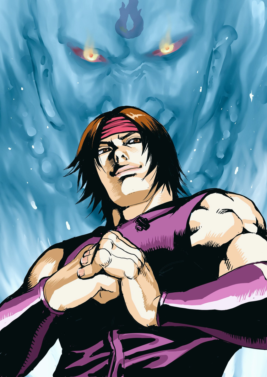 brown_eyes, brown_hair, closed_mouth, glowing, glowing_eyes, headband, highres, lips